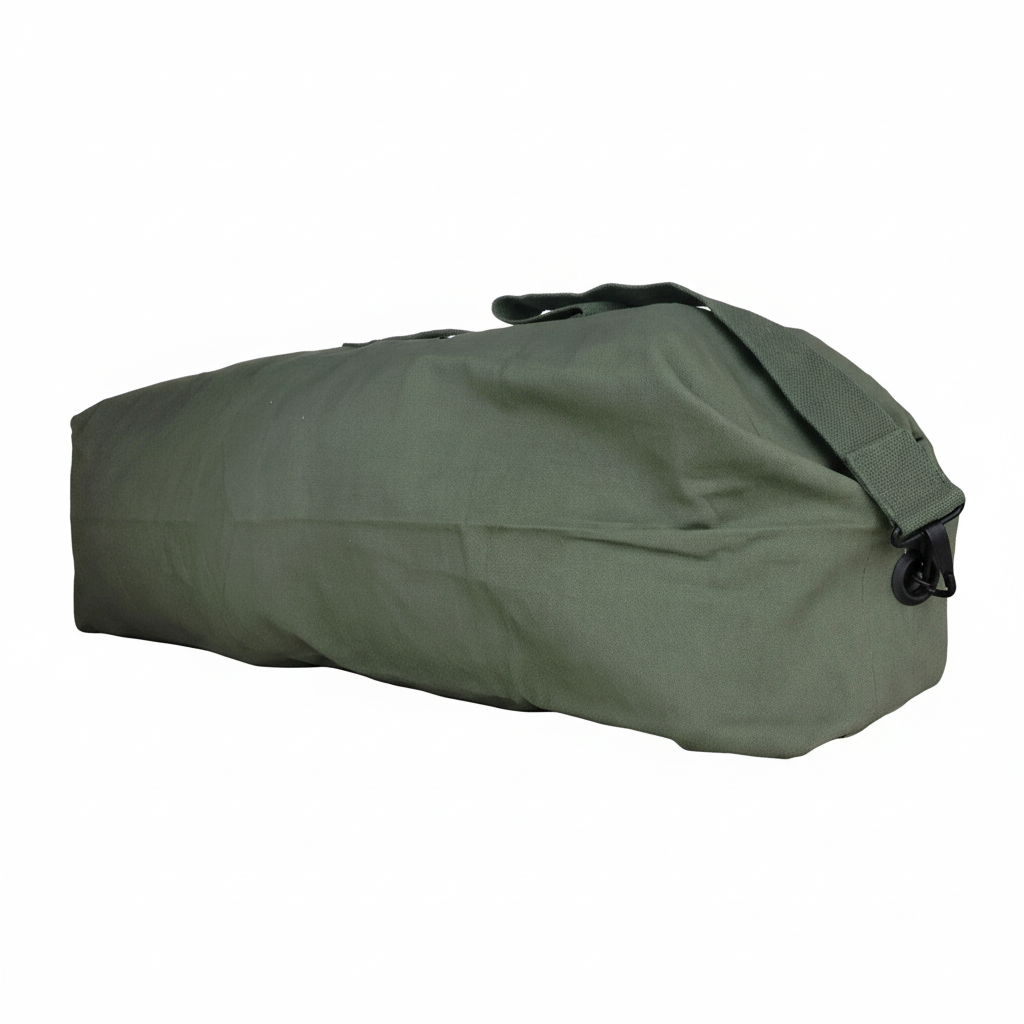 Green military kit bag laid flat on a white background
