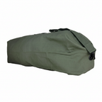 Green military kit bag laid flat on a white background