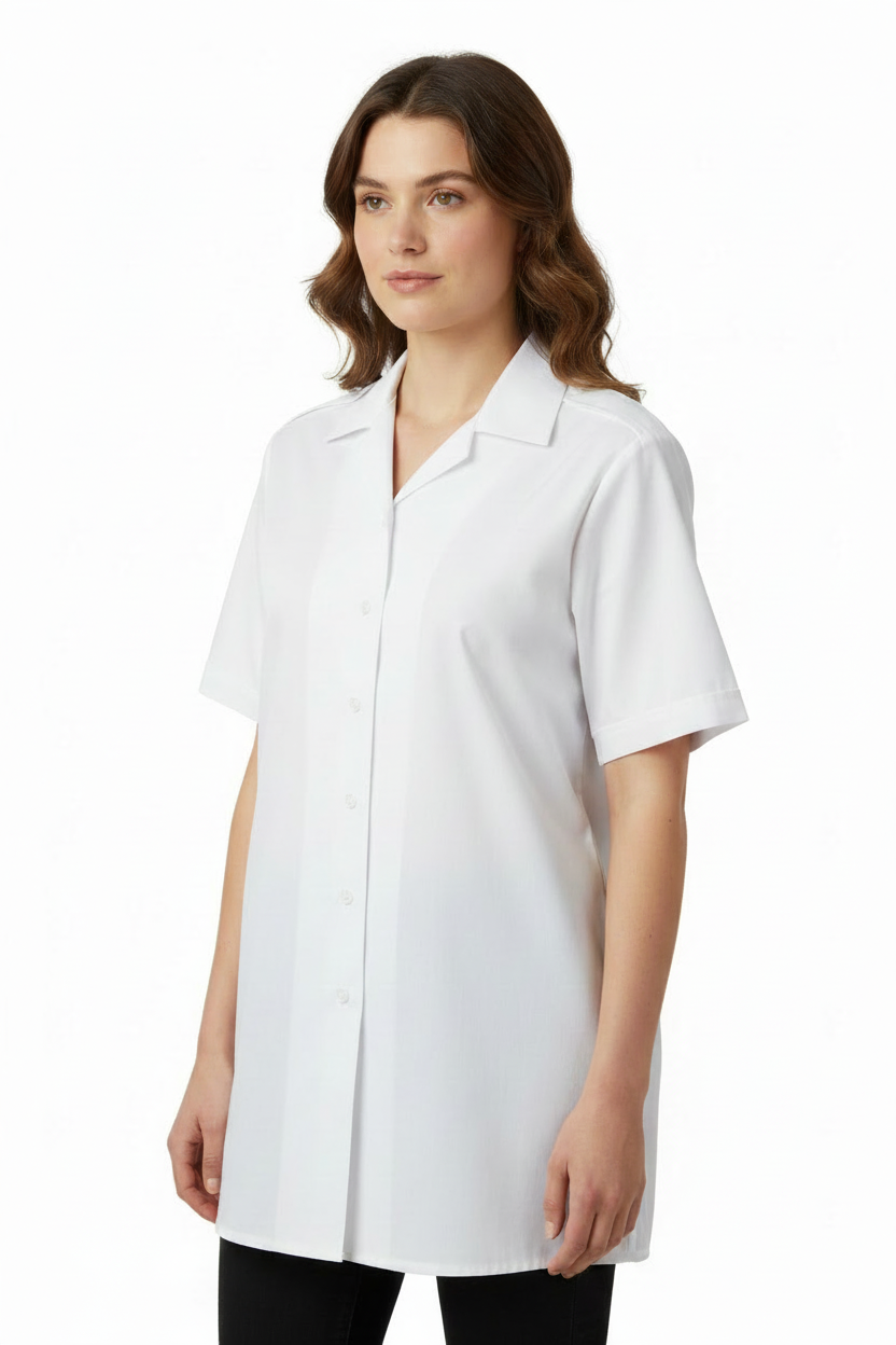 Female model wearing white short-sleeve shirt with shoulder epaulettes