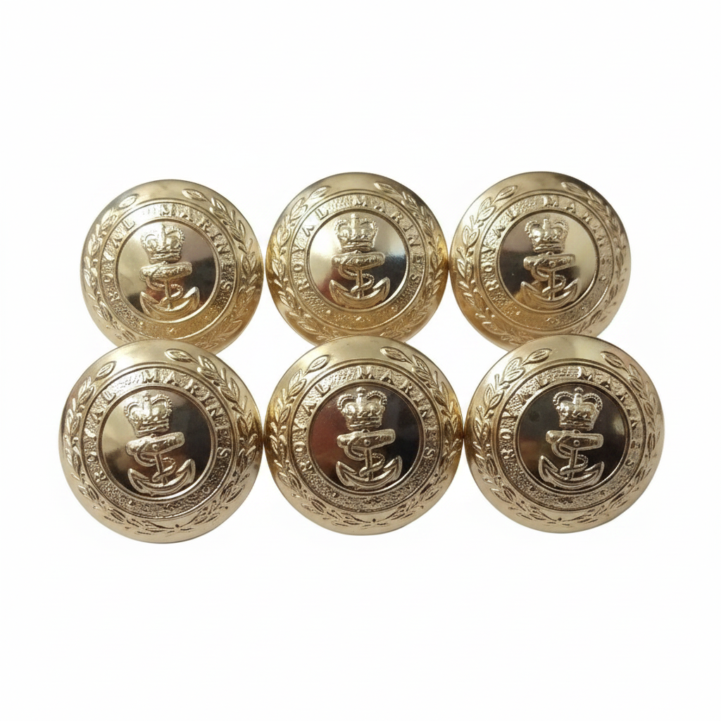 Royal Marines gold dress buttons front face on white background