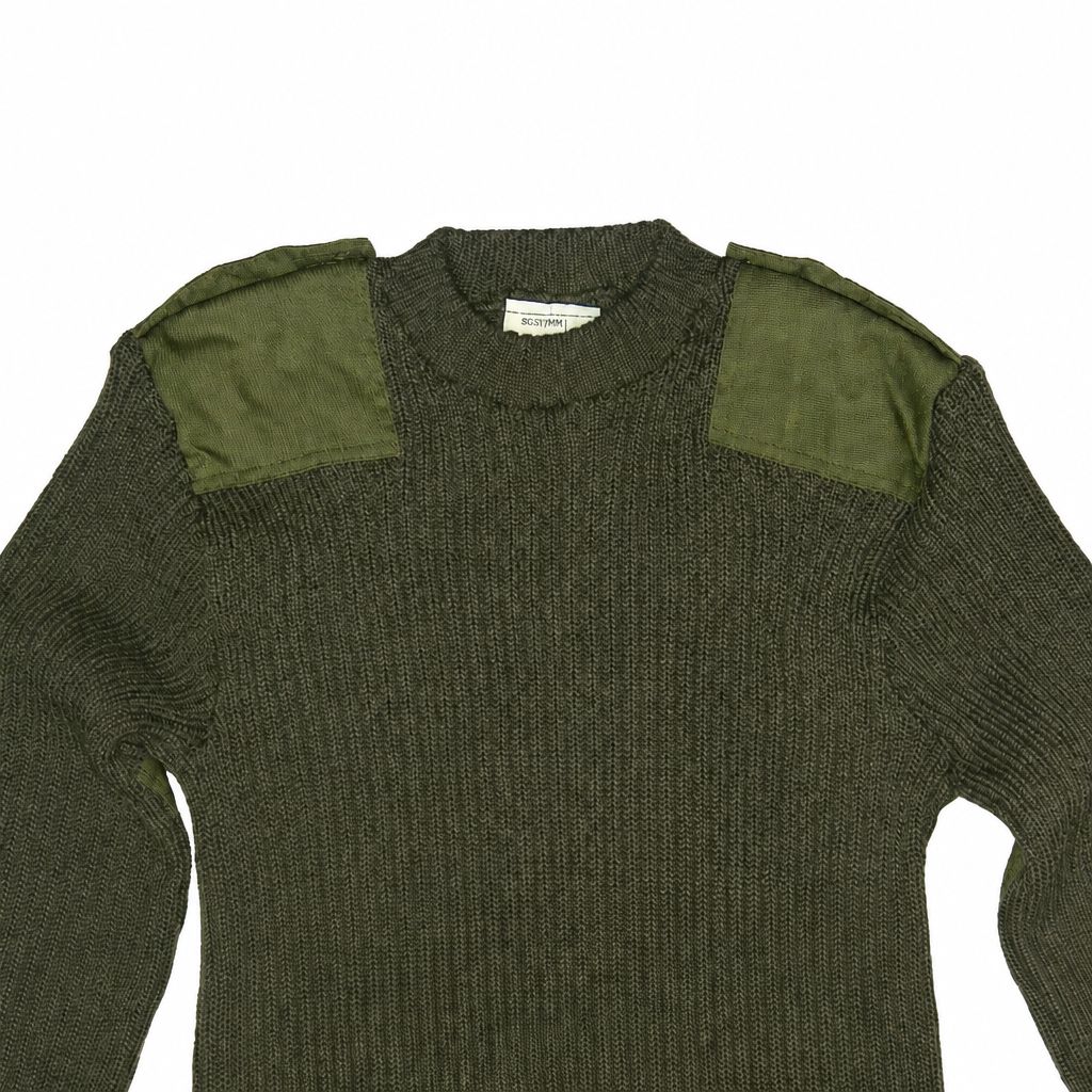 British Army green commando jumper on white background, close-up