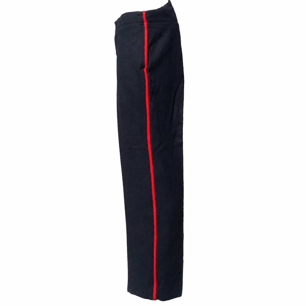 Black wool dress trousers with red piping on a white background