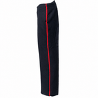 Black wool dress trousers with red piping on a white background