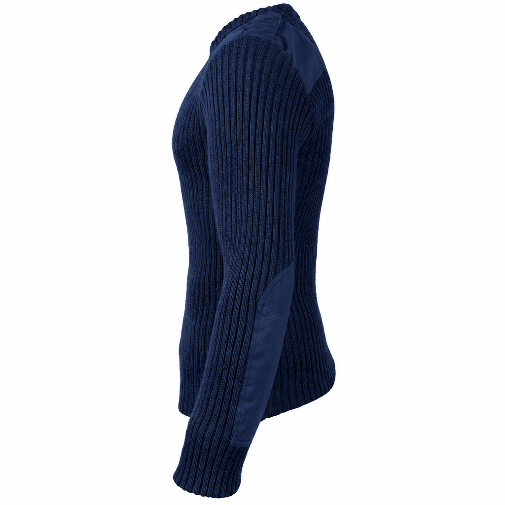 Navy blue ribbed jumper, side view