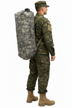 Male model green camo uniform with digital camo bag