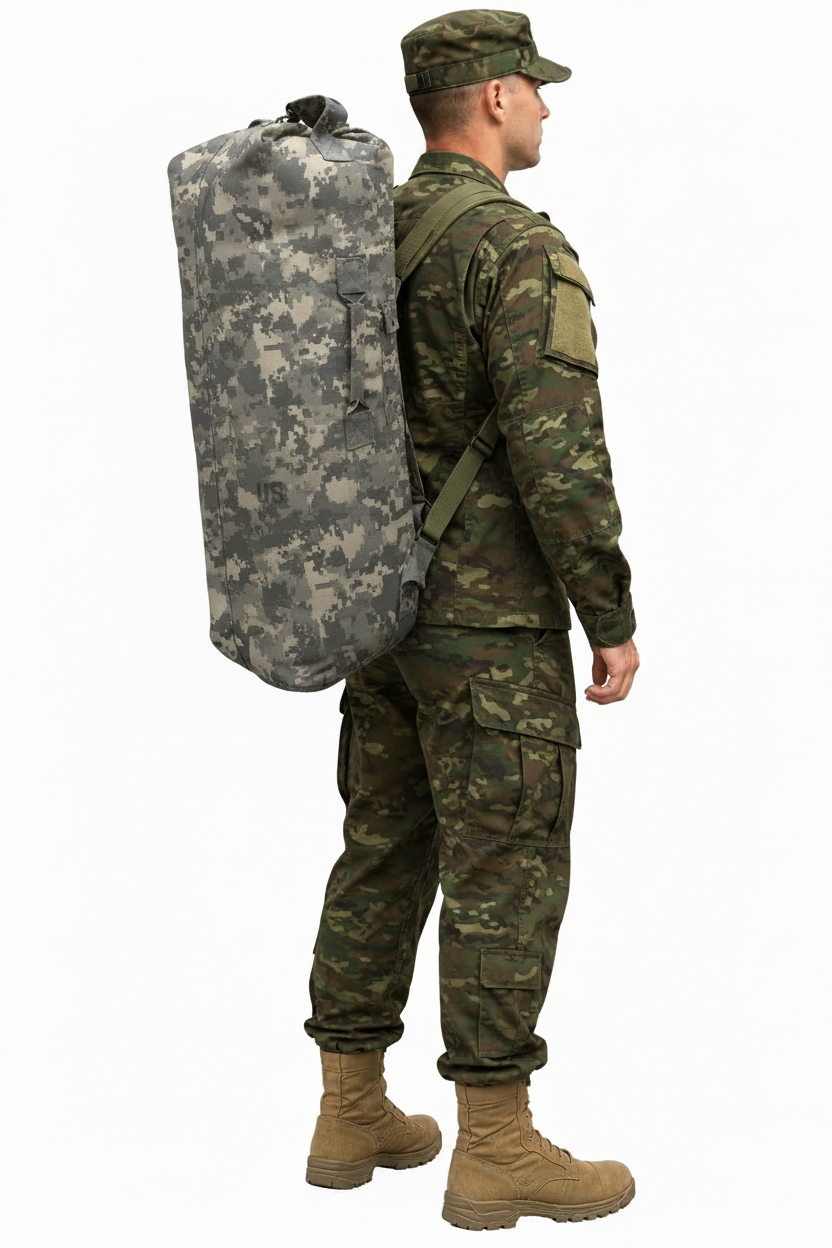 Male model green camo uniform with digital camo bag