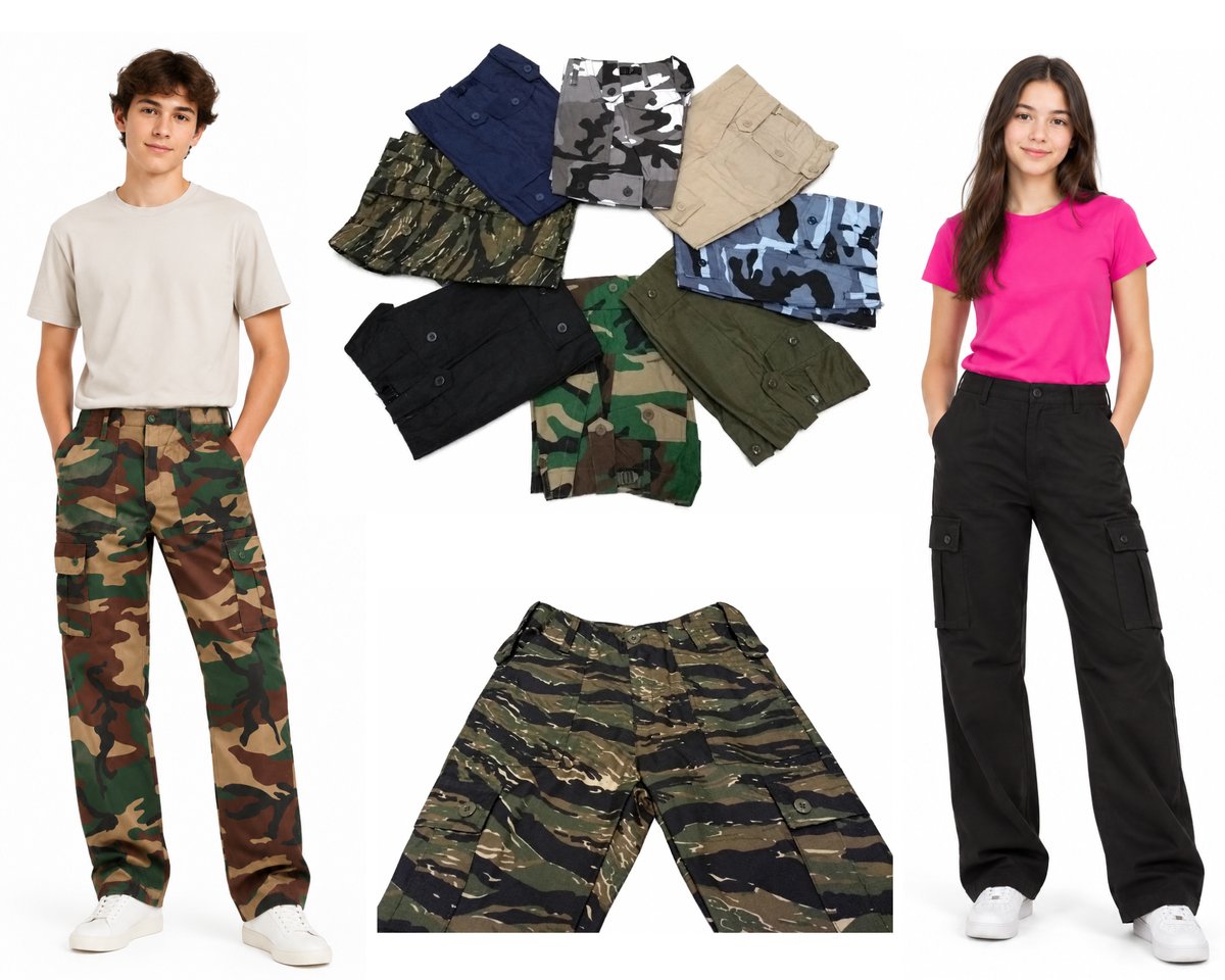 Kids Combat Trousers Military Style 6 Pocket Army Cargo Pants Assorted Colours