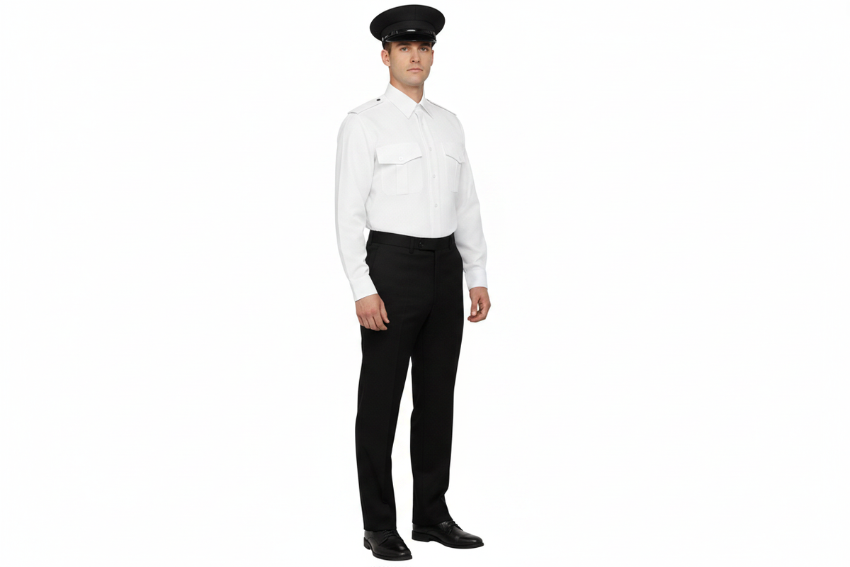 Long sleeve - front right, black peaked cap, no chain