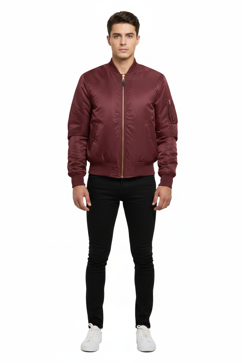 MA1 Maroon Bomber Jacket - Male Model Hero Shot