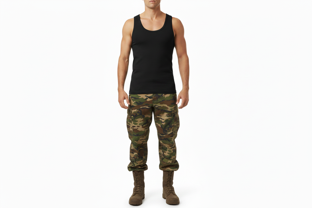 Male model camo trousers - black vest