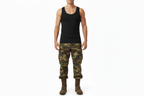 Male model camo trousers - black vest
