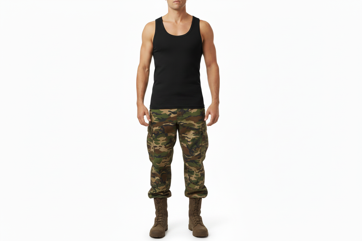Male model camo trousers - black vest