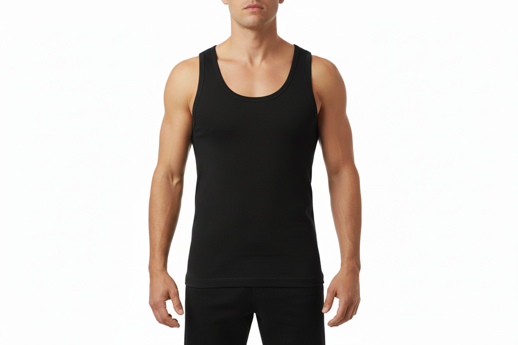 Male model front - black vest