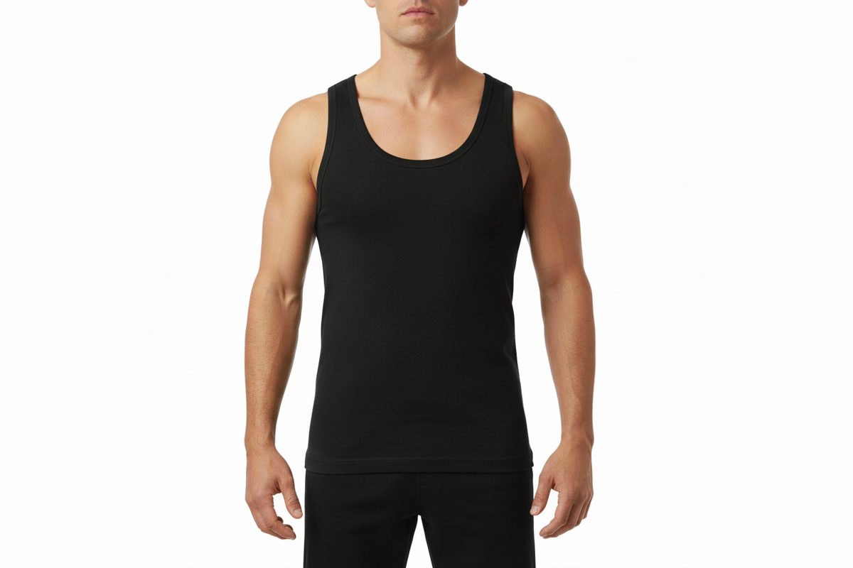 Male model front - black vest