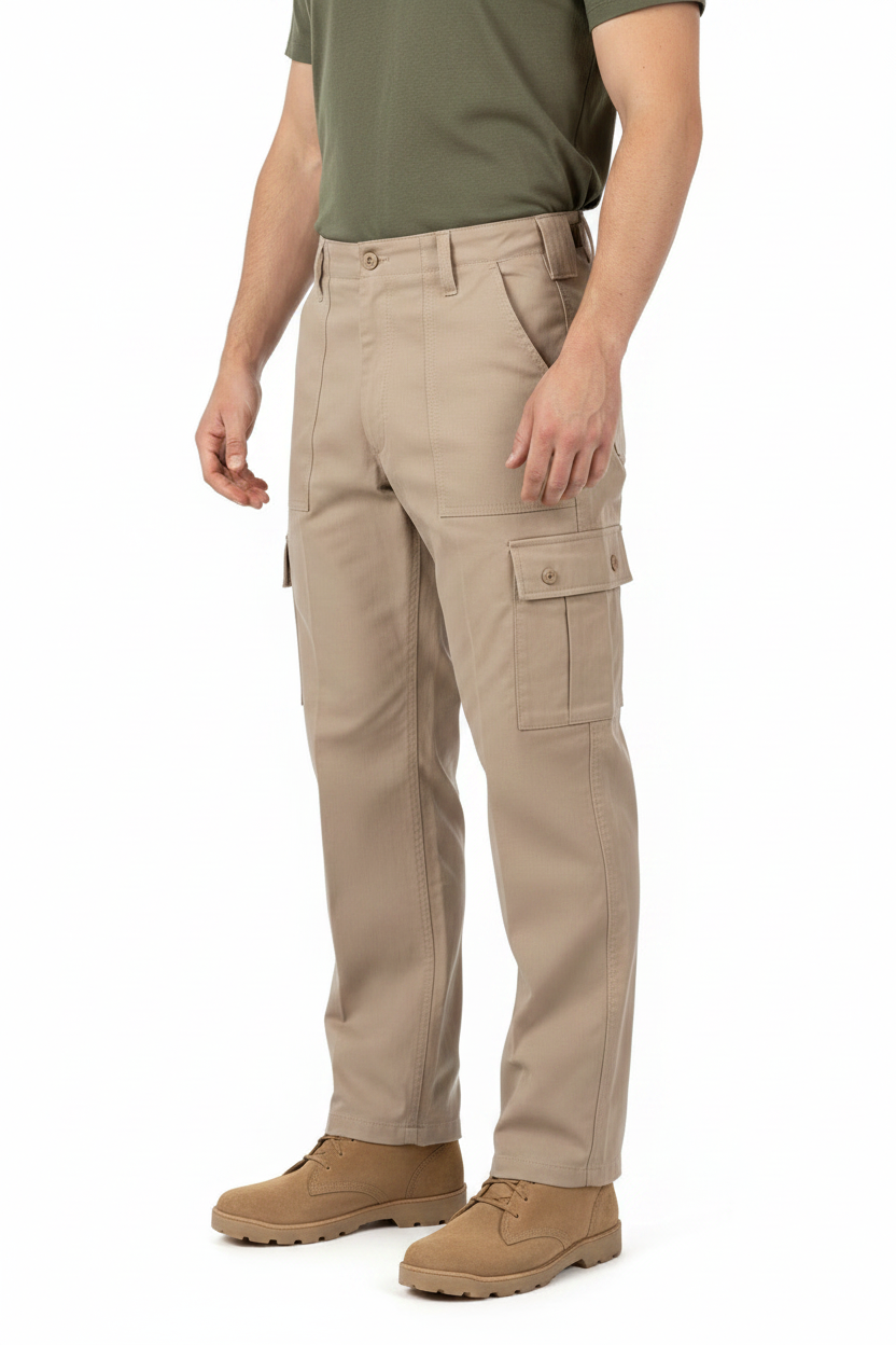Male Model - Suede Desert Boots, Green Tee, Cargo Trousers