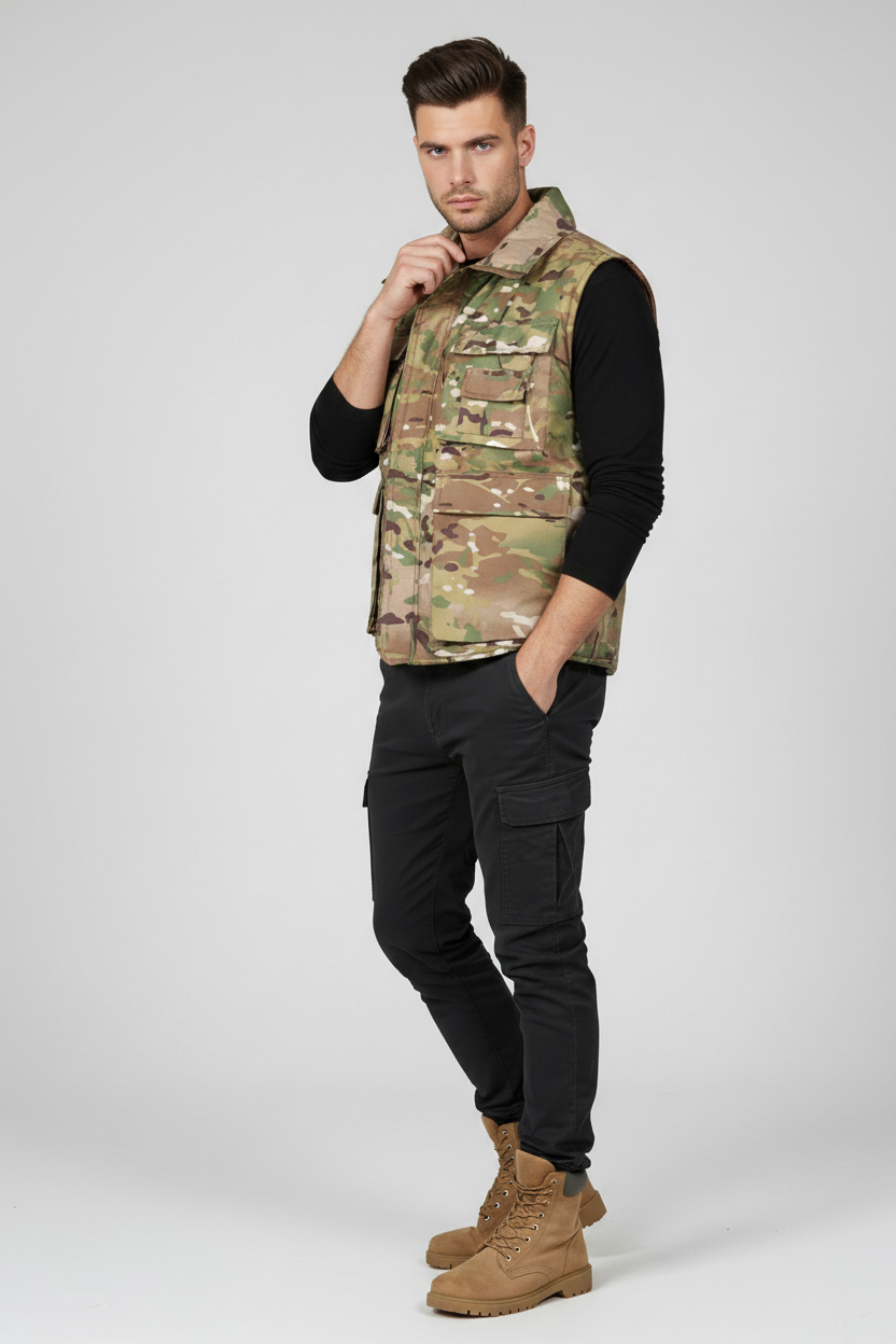 Male model wearing MTP camo bodywarmer - cropped