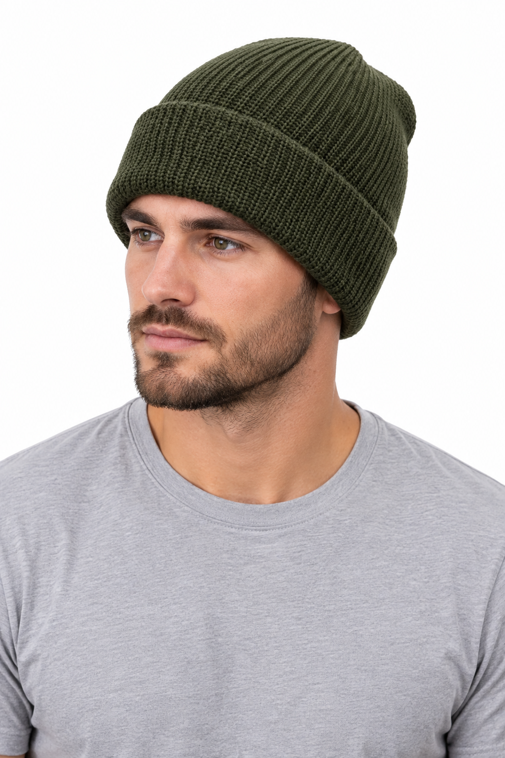 Male model wearing the green beanie