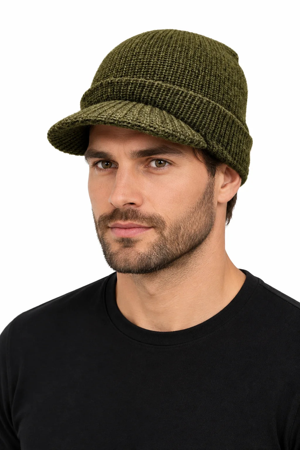 Jeep Cap US Army 100% Wool Peaked Beanie Radar Hat Military Green