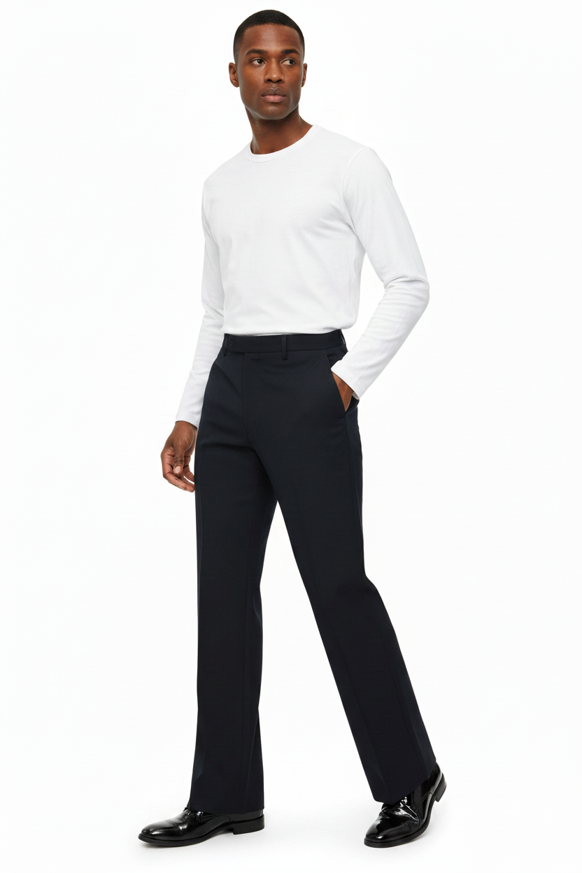 Male model with more flared navy trousers