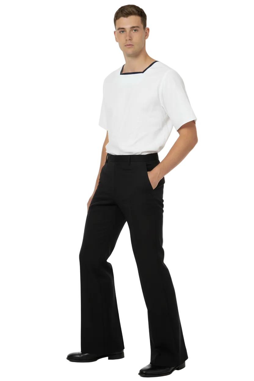Male model with white tee and flared navy trousers