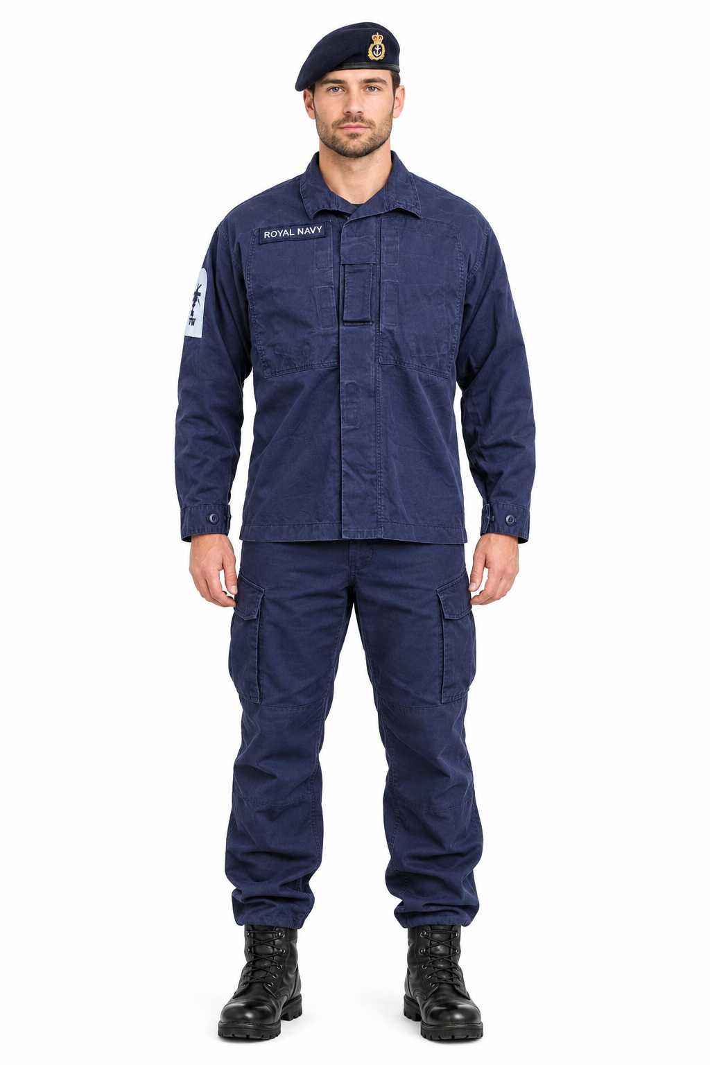 Male sailor wearing the referenced Royal Navy jacket, naval beret, navy combat trousers and black boots on a white background