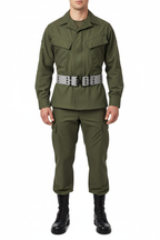 Male soldier wearing grey webbing belt