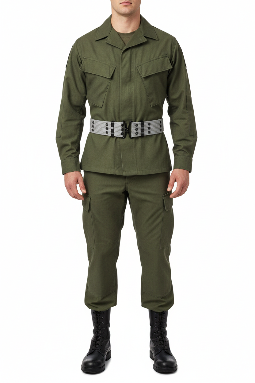 Male soldier wearing grey webbing belt
