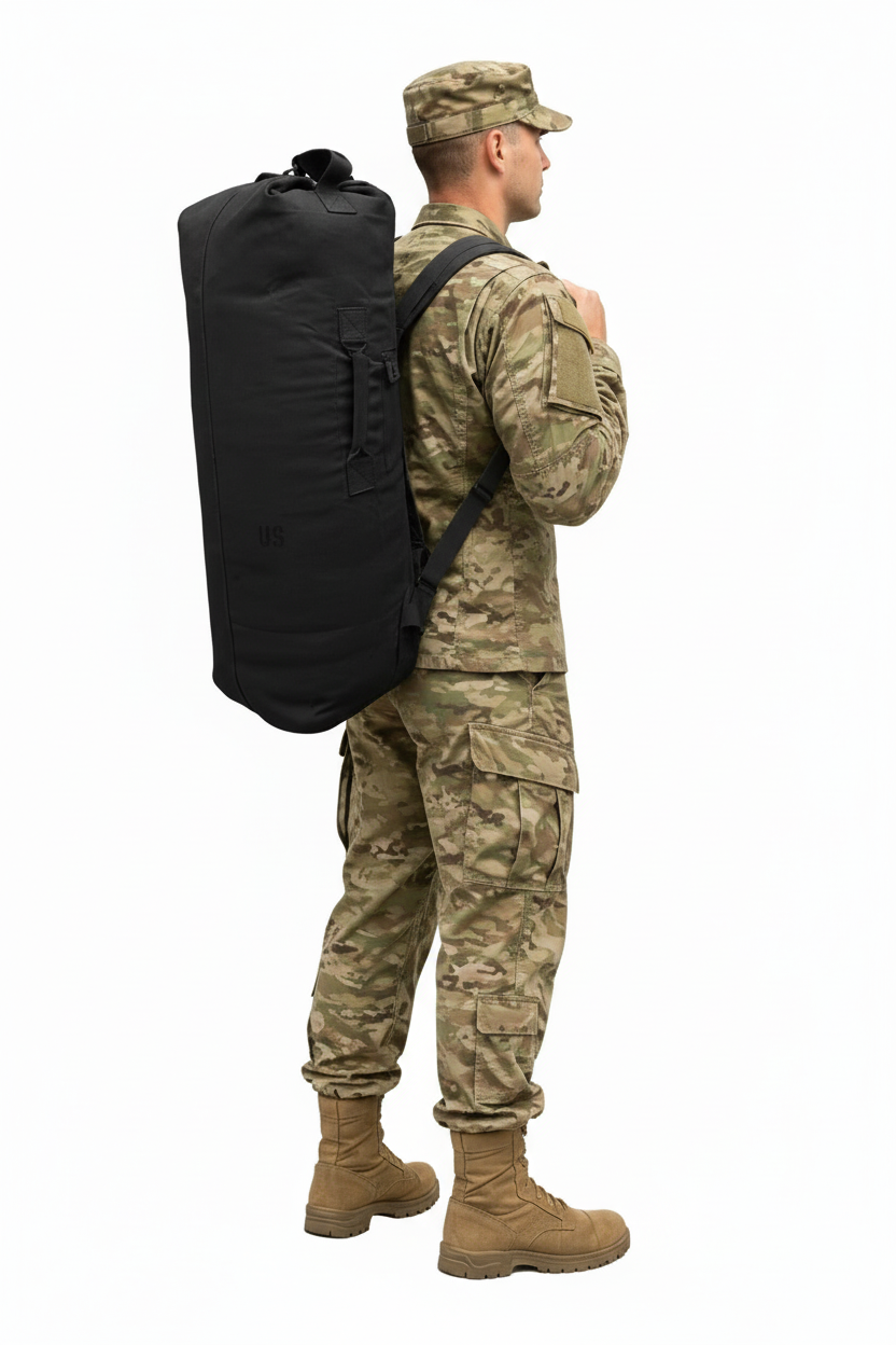 Male soldier with black kit bag