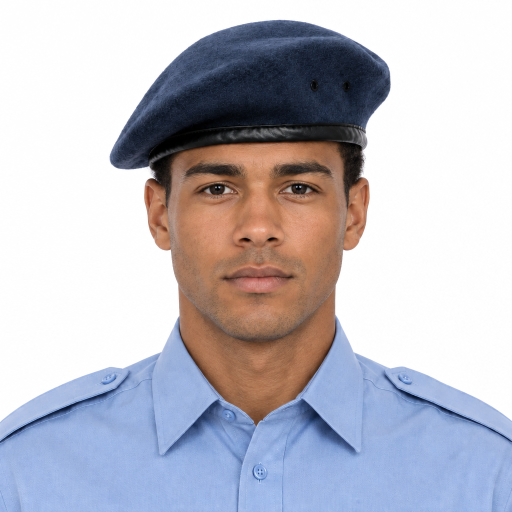 Mixed-race male model wearing the blue beret and light-blue shirt