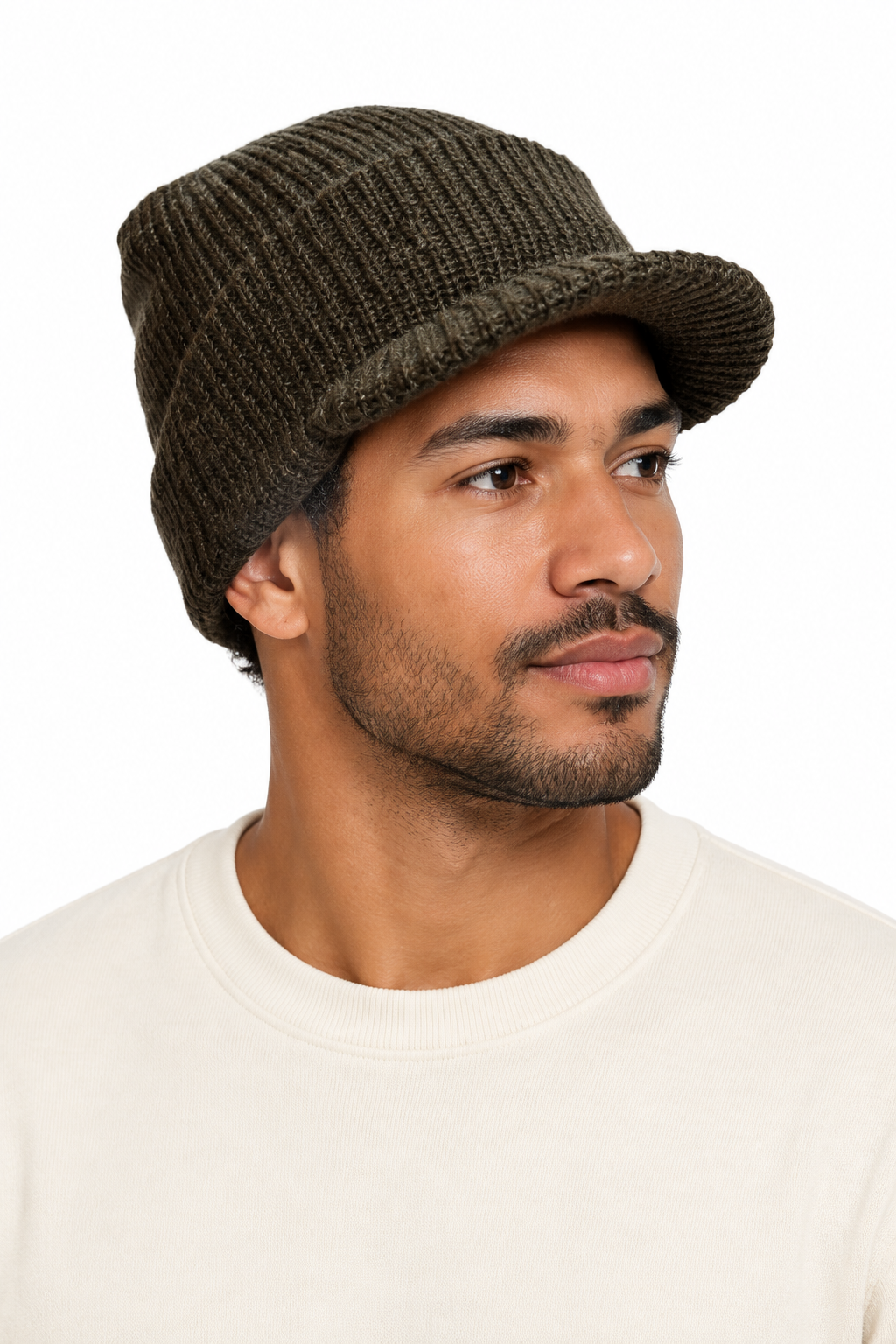 Mixed-race male model wearing the olive peaked wool cap