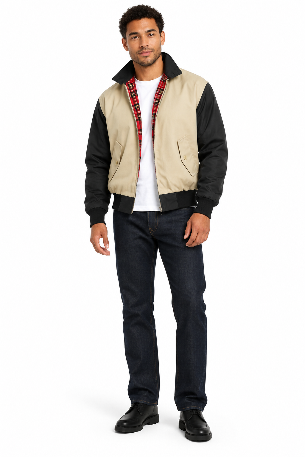 Mixed-race male model wearing the two-tone Harrington jacket