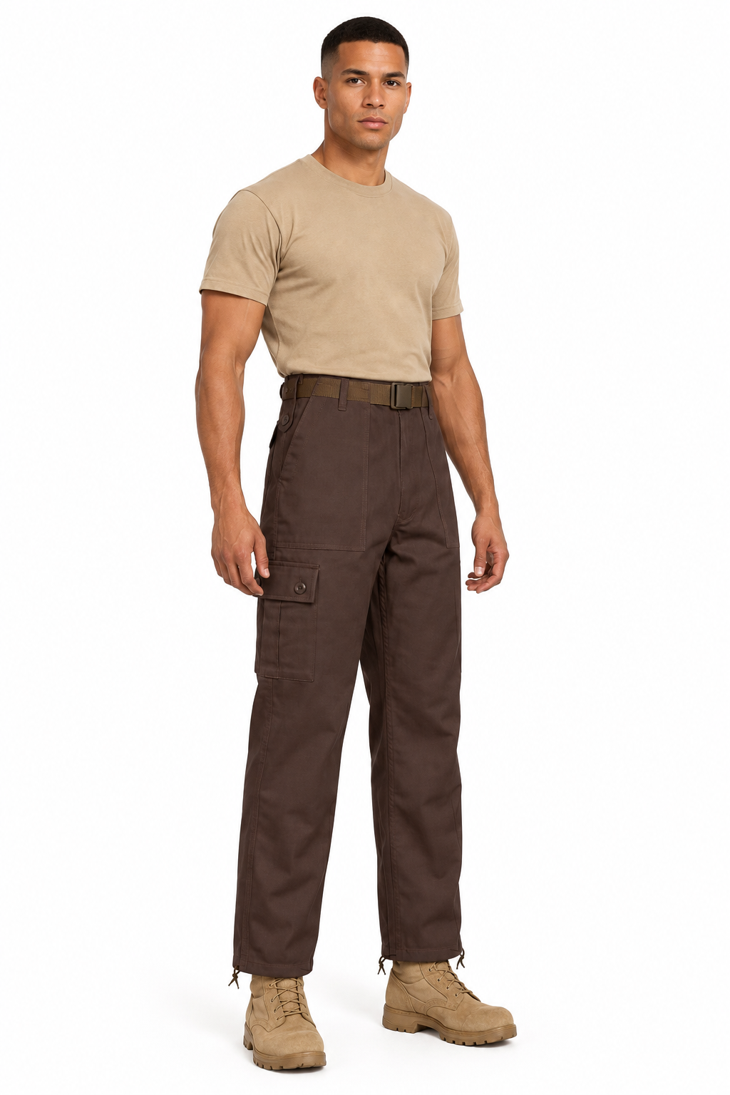 Mixed-race male soldier wearing brown cargo trousers, a tan T-shirt and desert boots