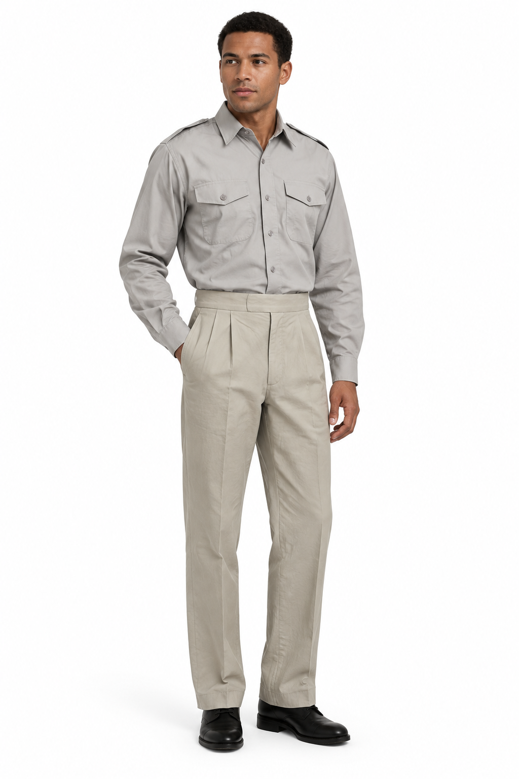Mixed-race soldier wearing the referenced shirt and trousers with black shoes