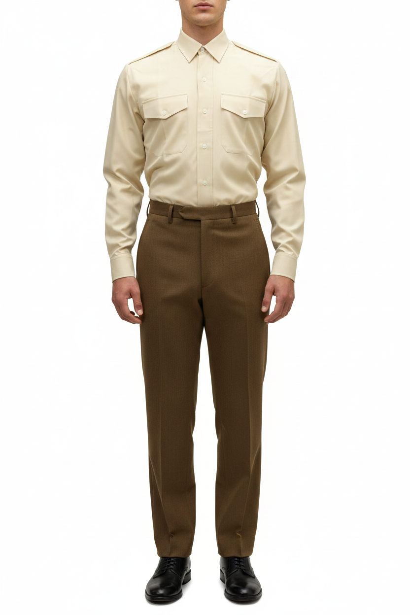 Model with FAD trousers and black shoes