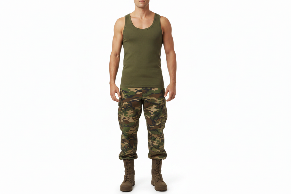 Olive Green PT Vest with Camo Trousers on Male Model