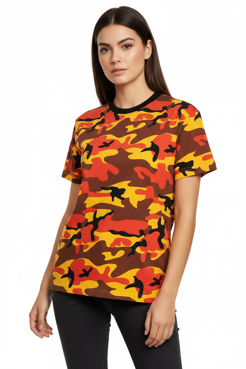 Orange Camo T-Shirt on Female Model