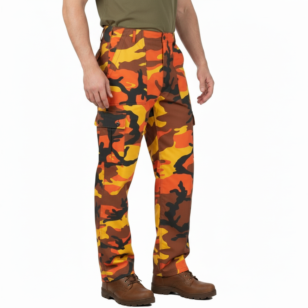 Orange Camouflage Trousers - Hand Out of Pocket
