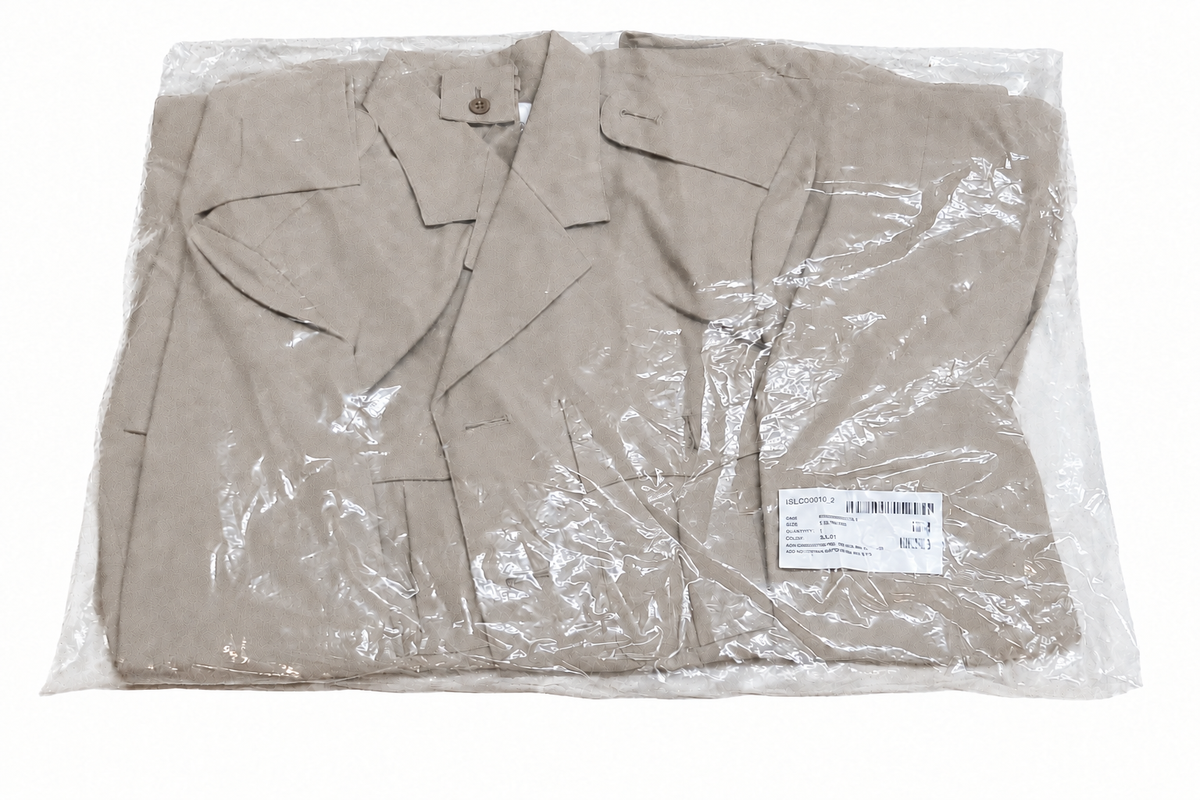Packaged suit with the smaller label removed