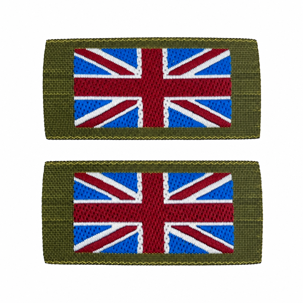 Professionally framed pair of Union Jack patches on pure white