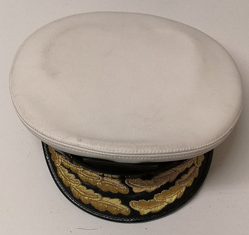 White Naval Dress Hat Visor Cap Double Row Gold Oak Leaf Peak Linney Headwear Size 56cm