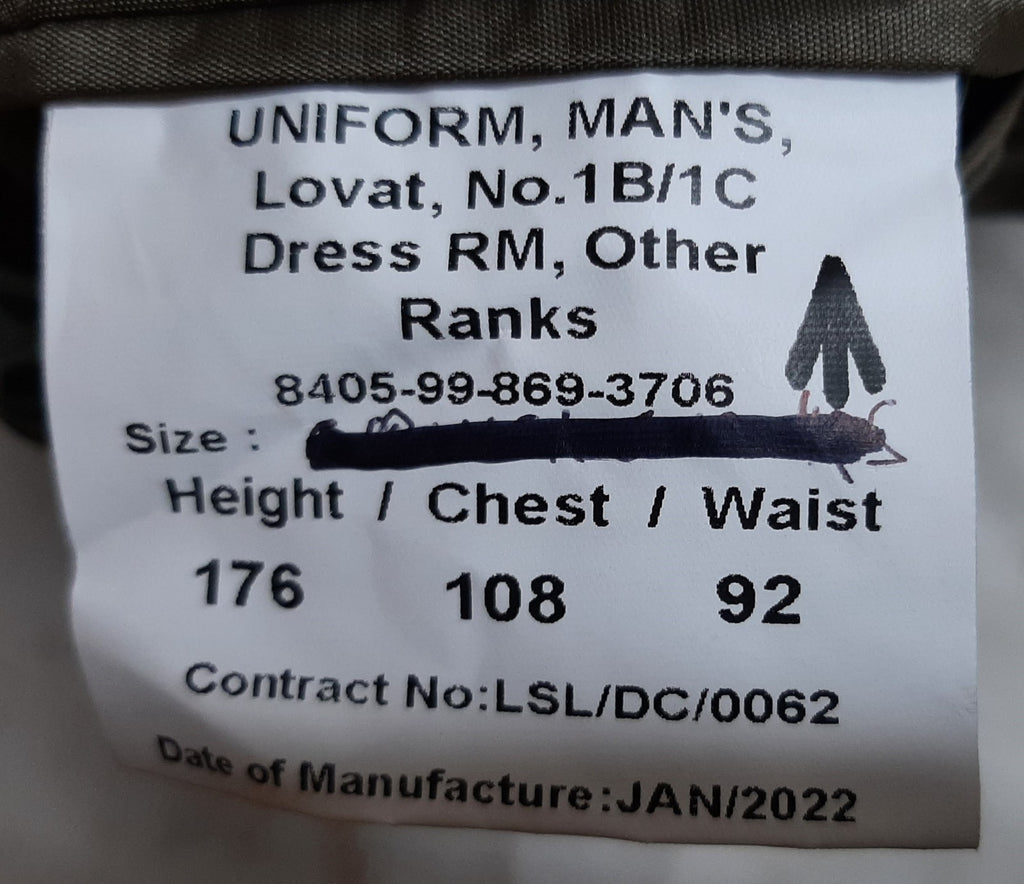 Royal Marines RM Lovat Jacket No1B / No1C Dress Green Fully Buttoned with Cloth Belt 176/108/92cm