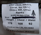 Royal Marines RM Lovat Jacket No1B / No1C Dress Green Fully Buttoned with Cloth Belt 176/108/92cm