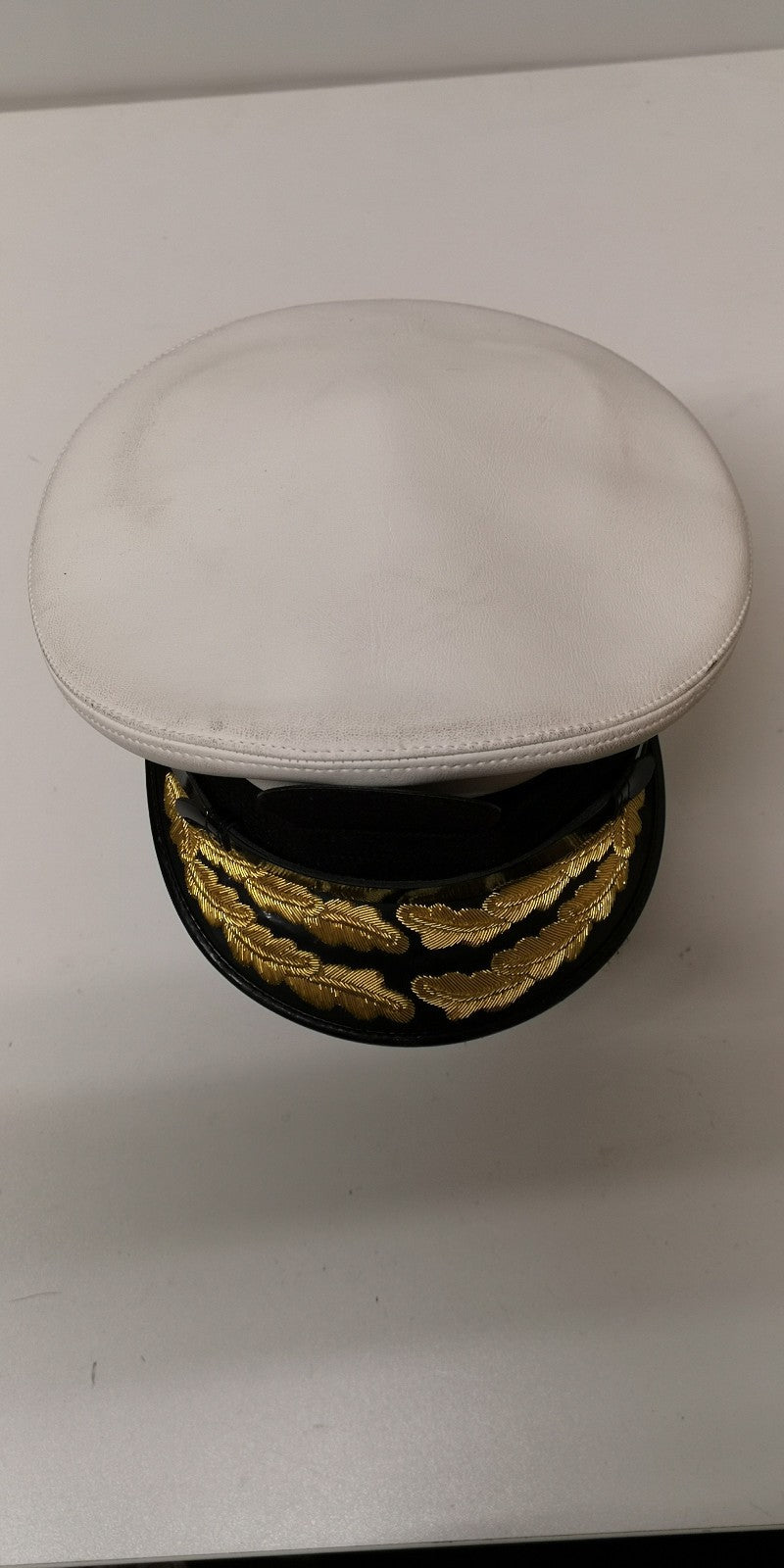 White Naval Dress Hat Visor Cap Double Row Gold Oak Leaf Peak Linney Headwear Size 56cm