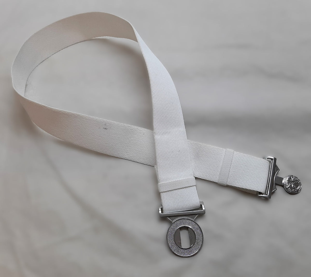 SASC Small Arms School Corps White Courlene Belt with Locket Insignia Buckle British Max 48"