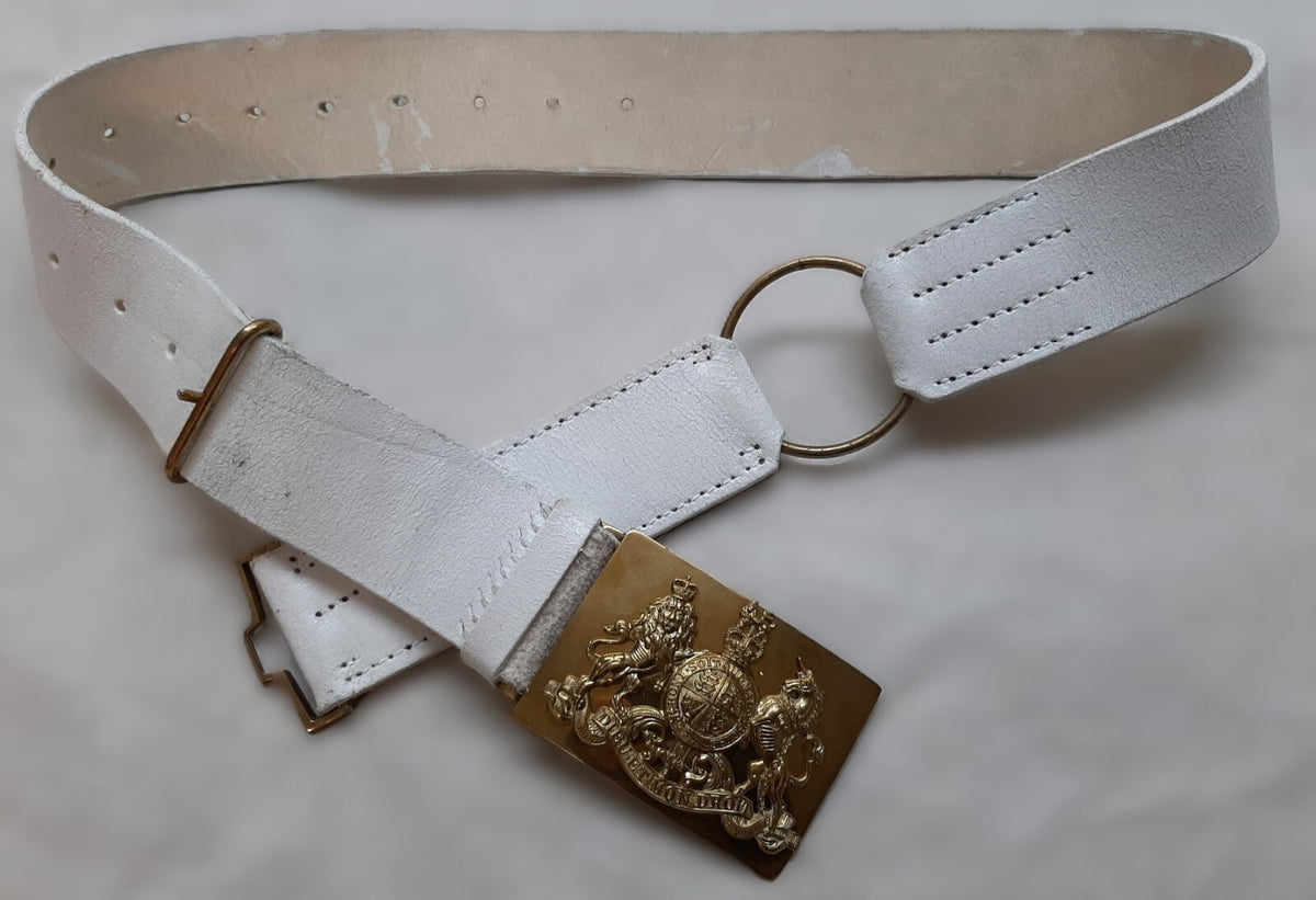 Royal Guards Buff Leather Belt with Large Coat of Arms Insignia Plate Buckle Adjustable Max 42"