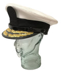 White Naval Dress Hat Visor Cap Double Row Gold Oak Leaf Peak Linney Headwear Size 56cm
