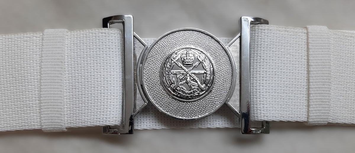 SASC Small Arms School Corps White Courlene Belt with Locket Insignia Buckle British Max 48"