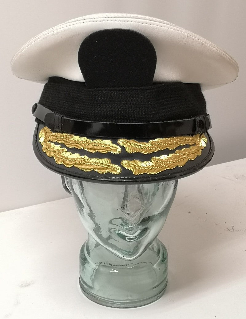 White Naval Dress Hat Visor Cap Double Row Gold Oak Leaf Peak Linney Headwear Size 56cm