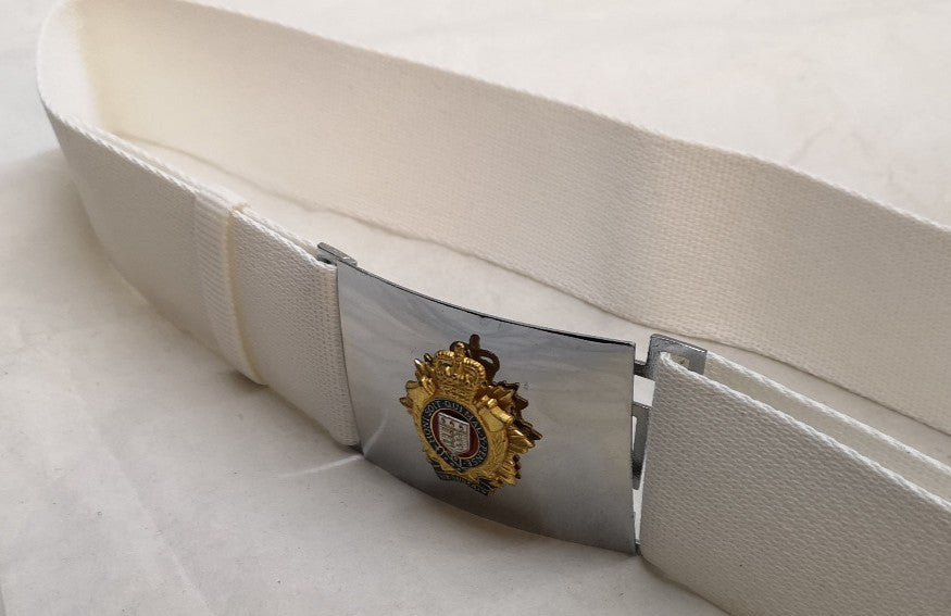 RLC Royal Logistic Corps White Courlene Parade Belt with Insignia Buckle Genuine Issue Waist 42"