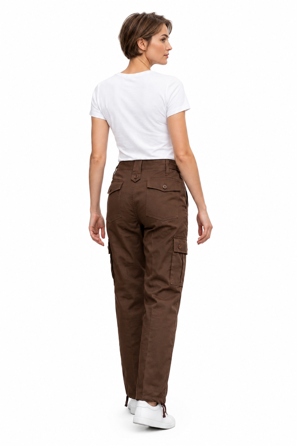 Short-haired female model wearing brown cargo trousers and a white T-shirt on a white background